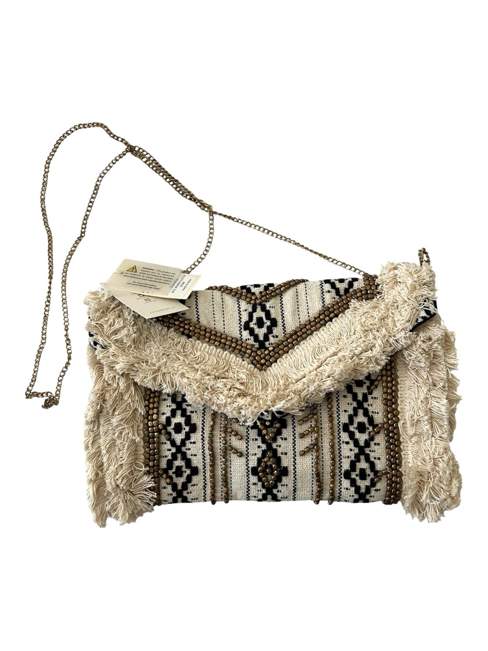 Antik Kraft Boho Fringe Crossbody Bag in Cream and Black